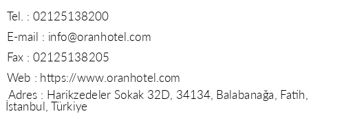 Oran Hotel telefon numaralar, faks, e-mail, posta adresi ve iletiim bilgileri